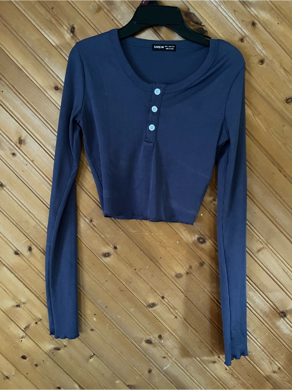 SHEIN Navy Ribbed Henley Crop Long Sleeve Top